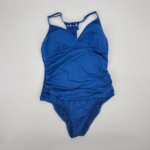 Hilor Blue One Piece Swim Suit Adjustable Strap Macrame Back Size 16